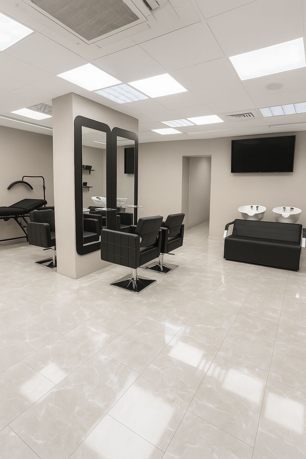 De salon met stoelen voor twee lange zwarte spiegels