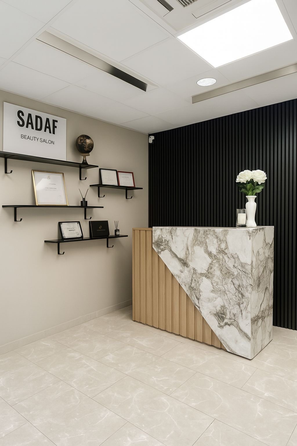 De ontvangstbalie van Sadaf Beauty Salon met het naambord aan de wand