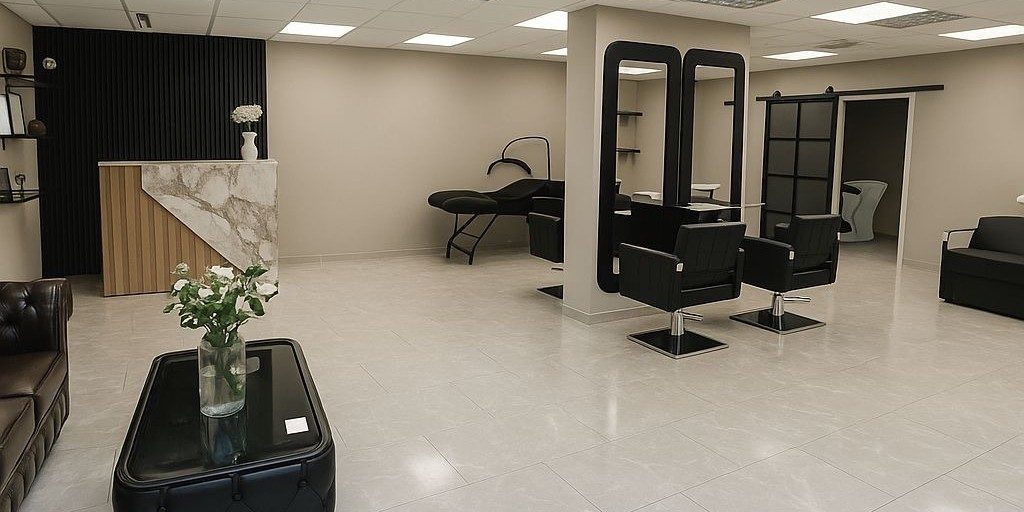 Overzicht van de salon met de zithoek, de balie en de stoelen
